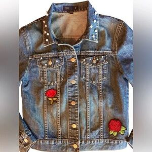 Zara Blue Jean Jacket with Red Rose Embroidery